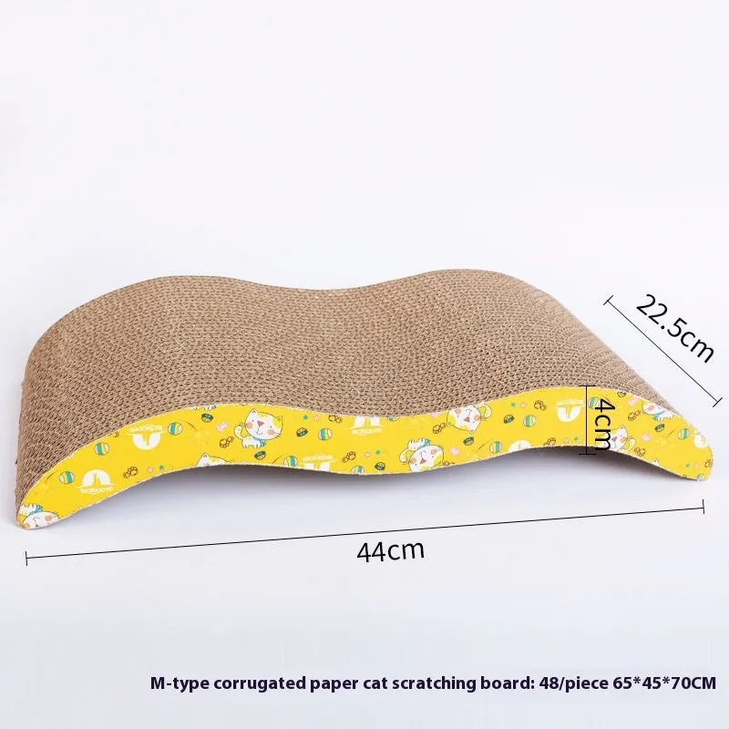 Leather-trimmed cat scratch board with corrugated paper surface in a bone shape style.