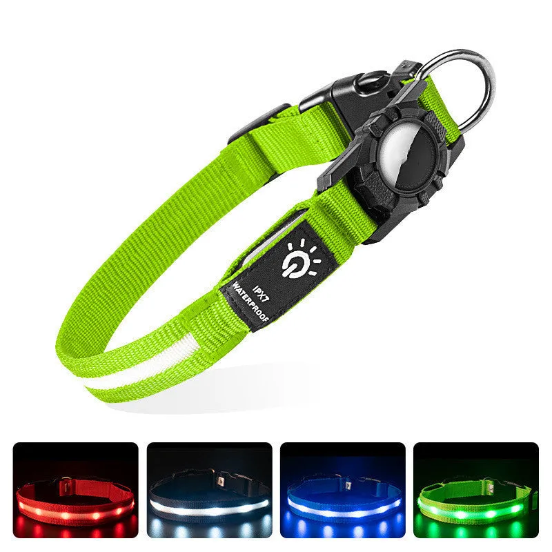 Waterproof nylon pet collar with LED beads in blue, suitable for locator attachment, plain pattern, adjustable size