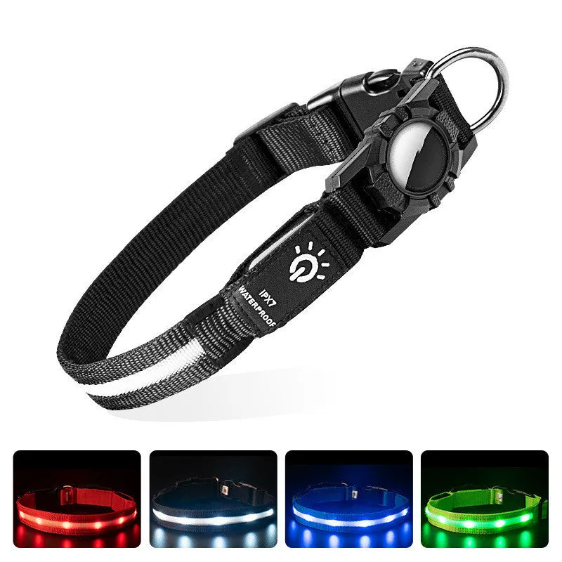 Waterproof nylon pet collar with LED beads in blue, suitable for locator attachment, plain pattern, adjustable size