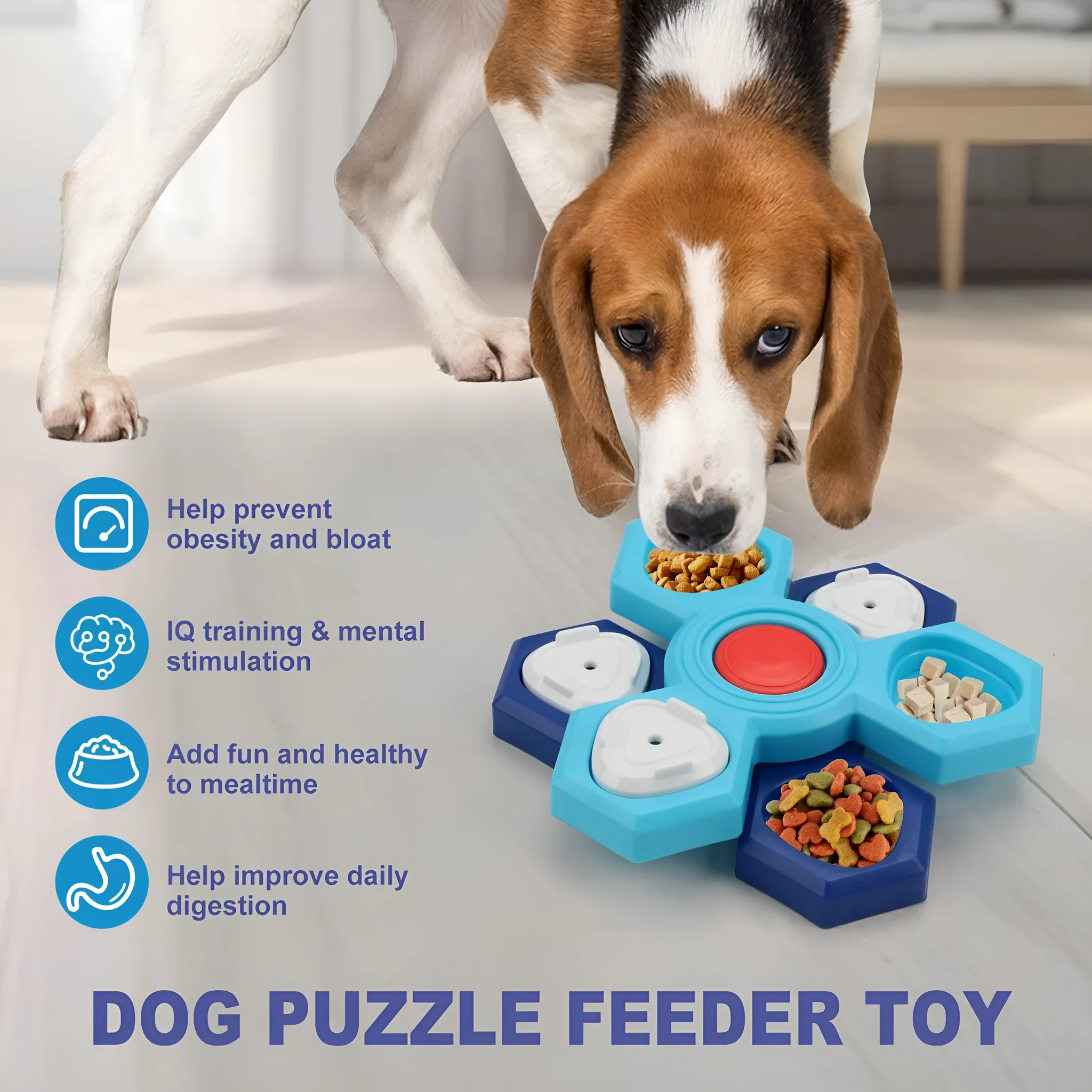 Blue 4-layer slow feeder puzzle dog bowl non-slip interactive pet tableware