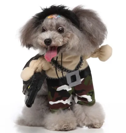 Three-piece dog costume in polyester fabric, standing outfit with hat, clothes and cloak, size S to XL