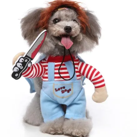 Three-piece dog costume in polyester fabric, standing outfit with hat, clothes and cloak, size S to XL
