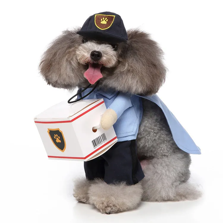 Three-piece dog costume in polyester fabric, standing outfit with hat, clothes and cloak, size S to XL