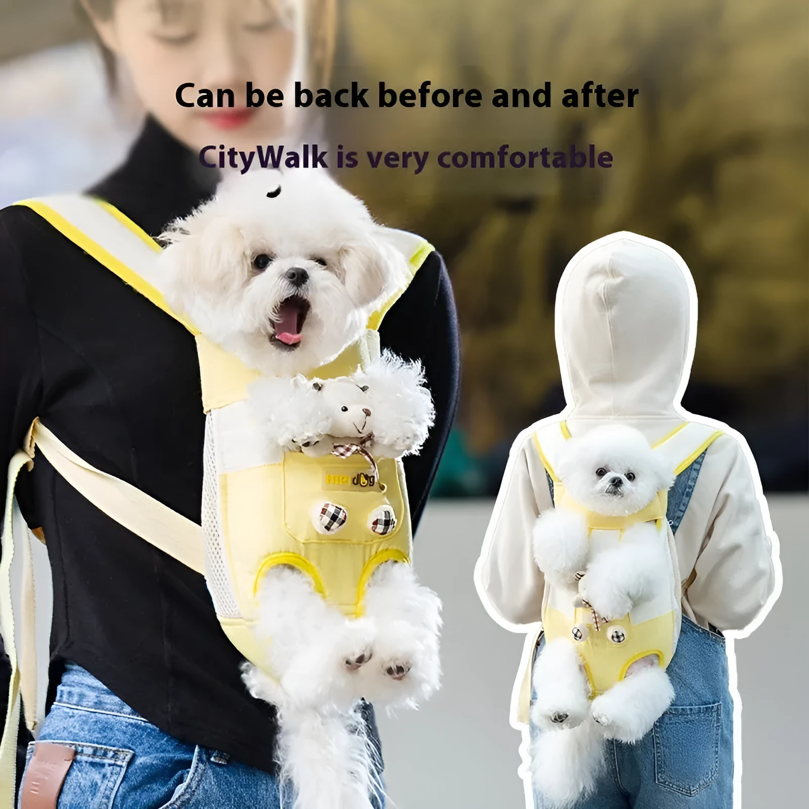 Soft canvas pet carrier bag with cartoon animal pattern and Beka yellow bear design