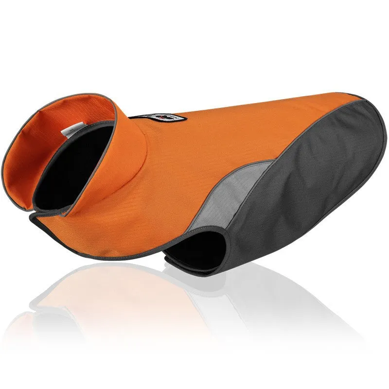 Waterproof outdoor poncho for pets in black, green, navy, orange, and rose red on a white background showing adjustable belly strap