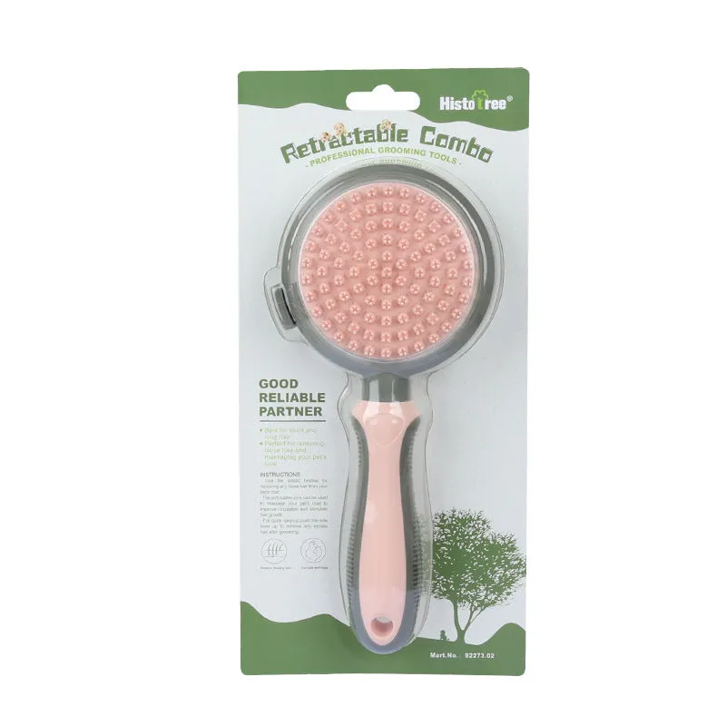 Pet hair removal comb with self-cleaning slicker brush and double-sided massage surface, 210mm, green colour