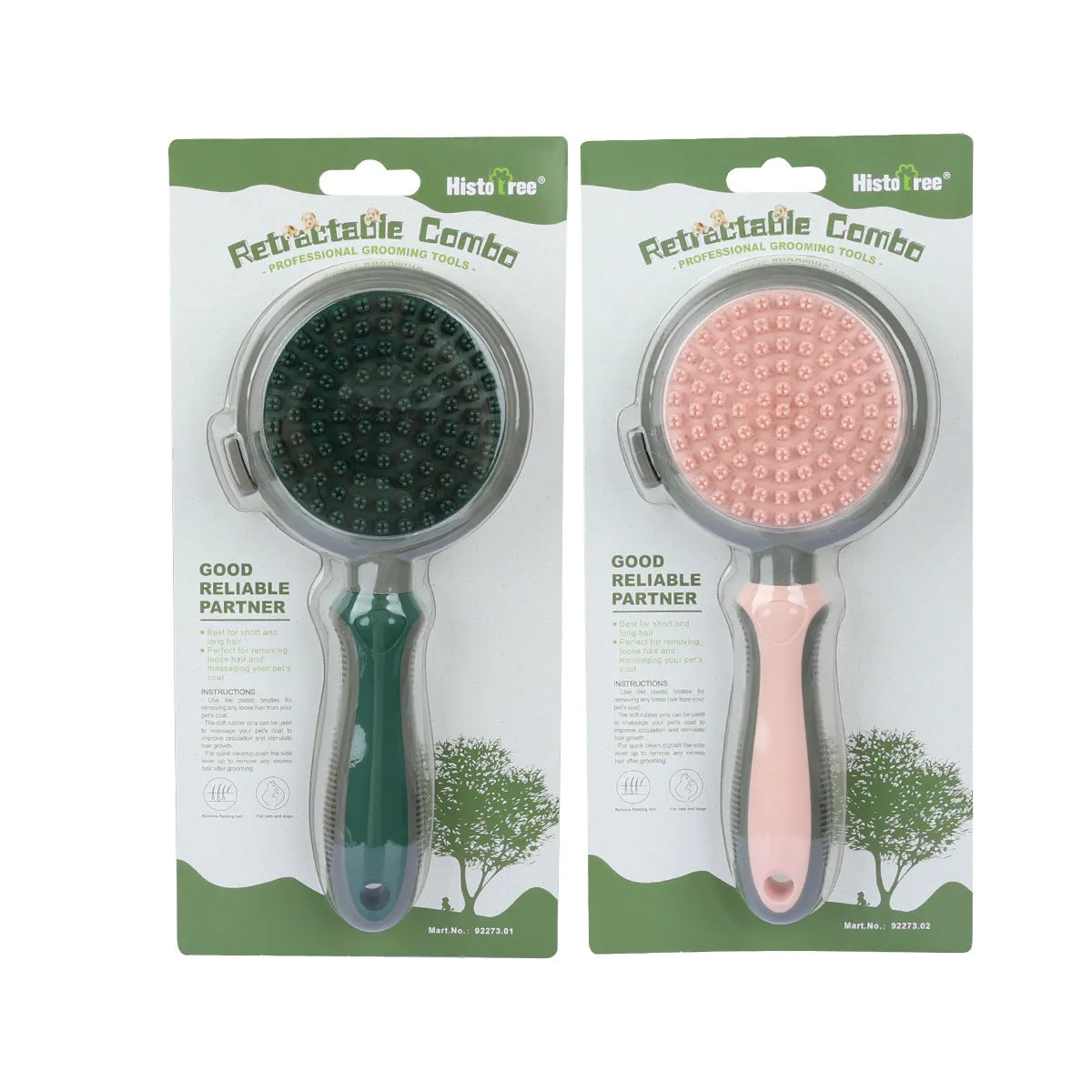 Pet hair removal comb with self-cleaning slicker brush and double-sided massage surface, 210mm, green colour