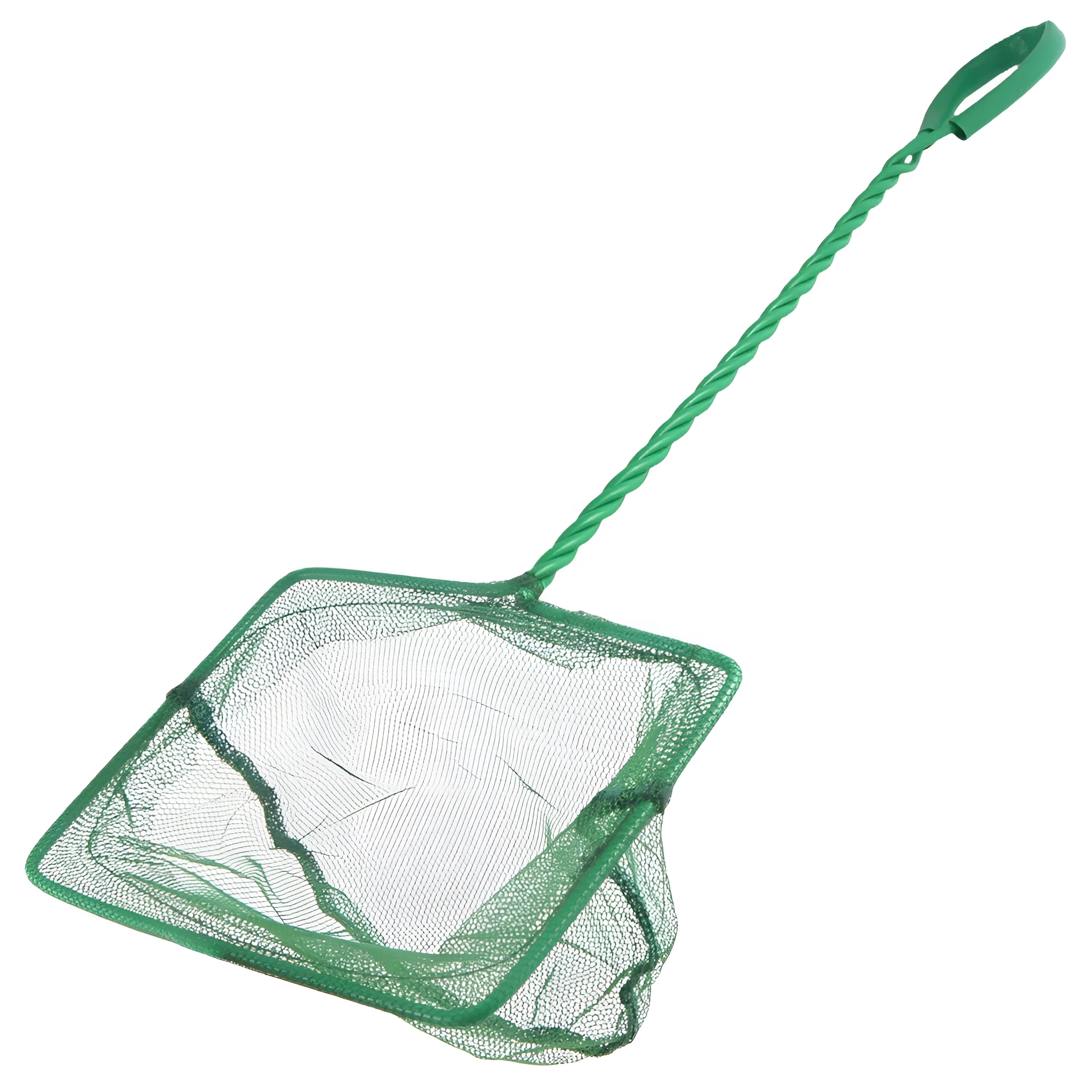 Telescopic green plastic aquarium fish net with extended handle, 3 to 12 inch sizes available