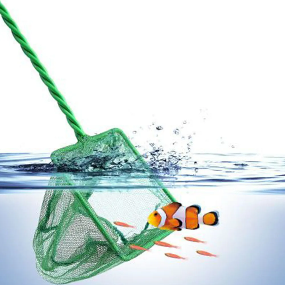 Telescopic green plastic aquarium fish net with extended handle, 3 to 12 inch sizes available