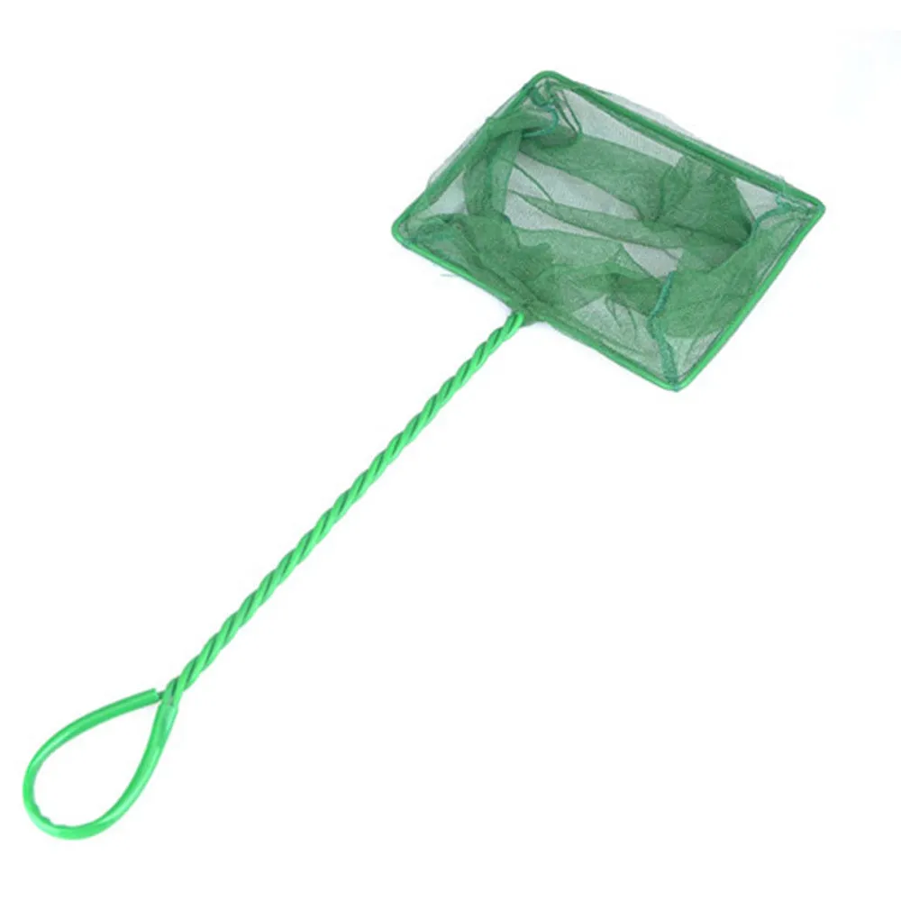 Telescopic green plastic aquarium fish net with extended handle, 3 to 12 inch sizes available