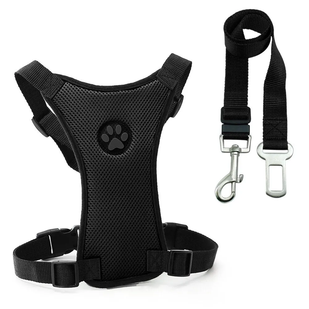 Breathable mesh dog harness in dark blue with adjustable chest strap and silver buckle for car safety