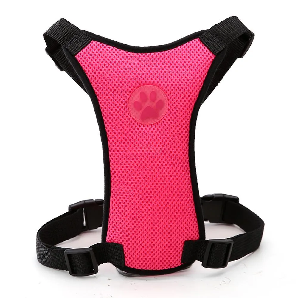 Breathable mesh dog harness in dark blue with adjustable chest strap and silver buckle for car safety