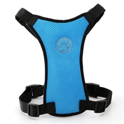 Breathable mesh dog harness in dark blue with adjustable chest strap and silver buckle for car safety