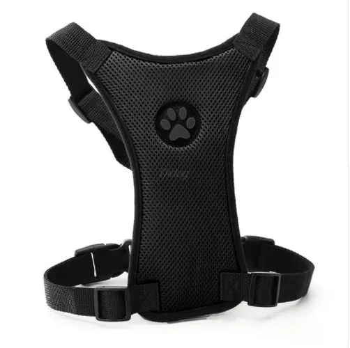 Breathable mesh dog harness in dark blue with adjustable chest strap and silver buckle for car safety