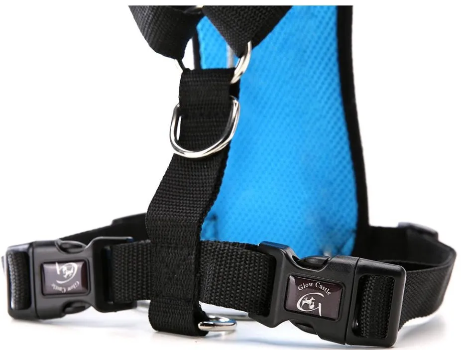 Breathable mesh dog harness in dark blue with adjustable chest strap and silver buckle for car safety