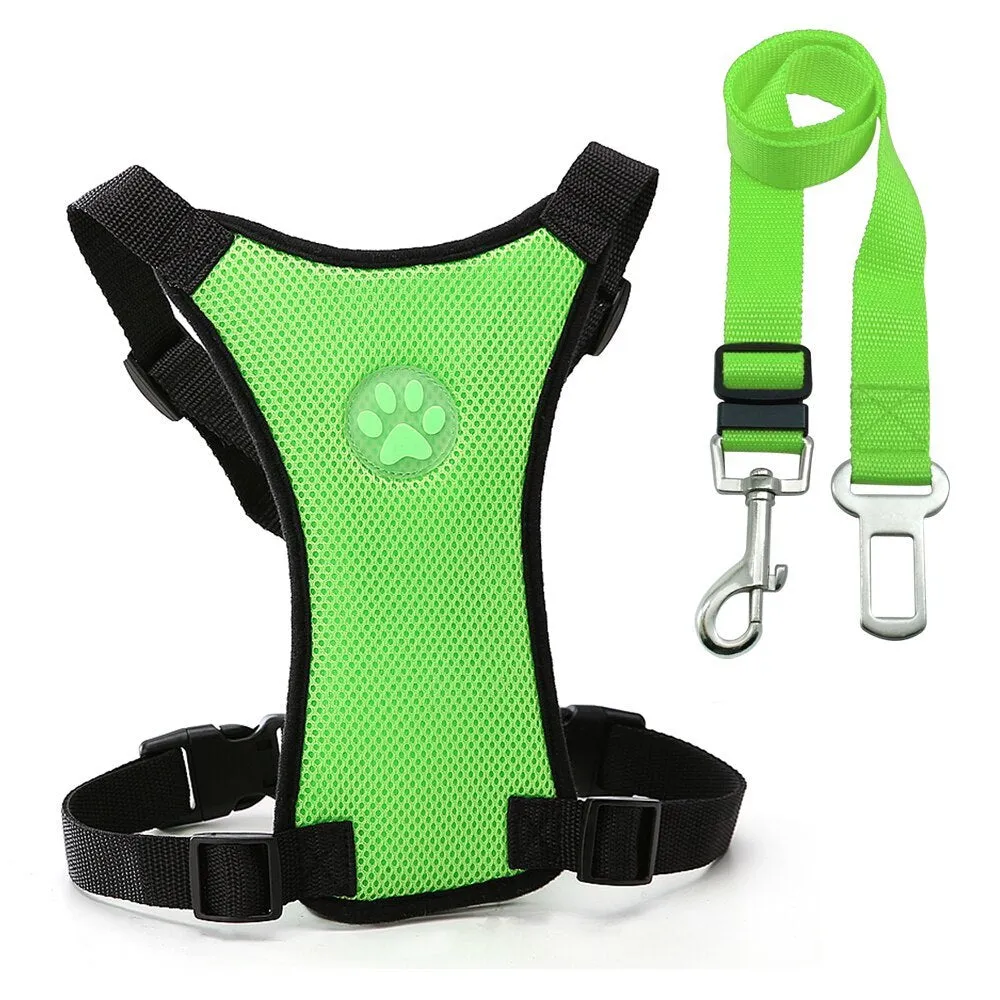 Breathable mesh dog harness in dark blue with adjustable chest strap and silver buckle for car safety