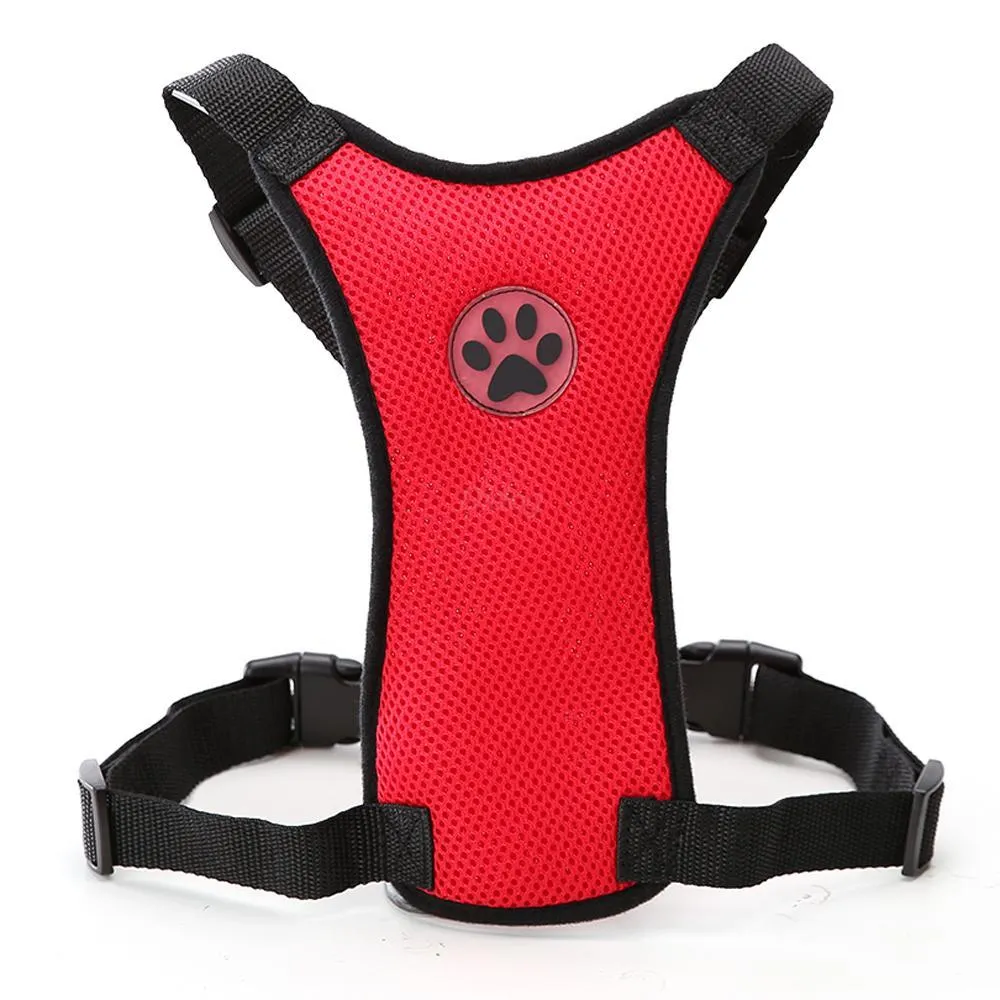 Breathable mesh dog harness in dark blue with adjustable chest strap and silver buckle for car safety