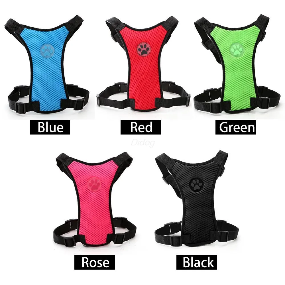Breathable mesh dog harness in dark blue with adjustable chest strap and silver buckle for car safety