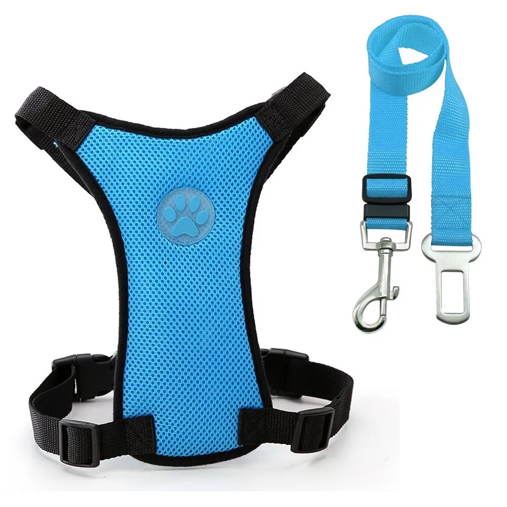 Breathable mesh dog harness in dark blue with adjustable chest strap and silver buckle for car safety