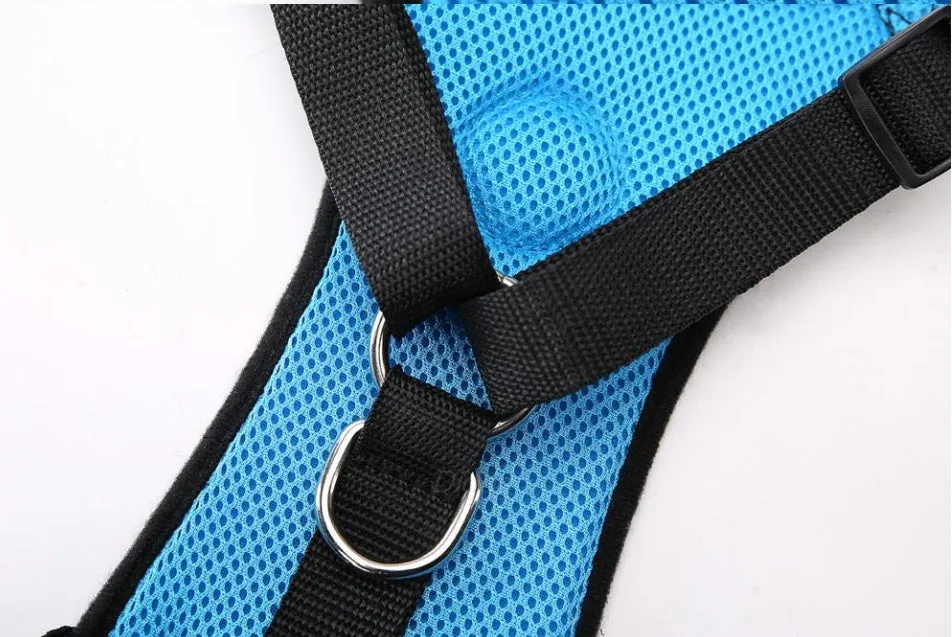 Breathable mesh dog harness in dark blue with adjustable chest strap and silver buckle for car safety