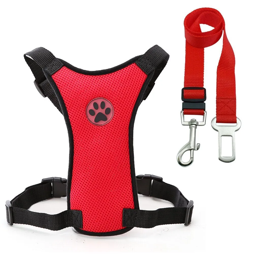 Breathable mesh dog harness in dark blue with adjustable chest strap and silver buckle for car safety