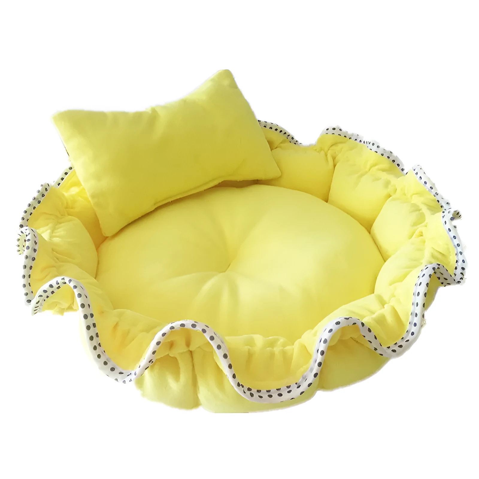 Yellow polar fleece bud-shaped small dog bed with pillow for pets under 10 kg