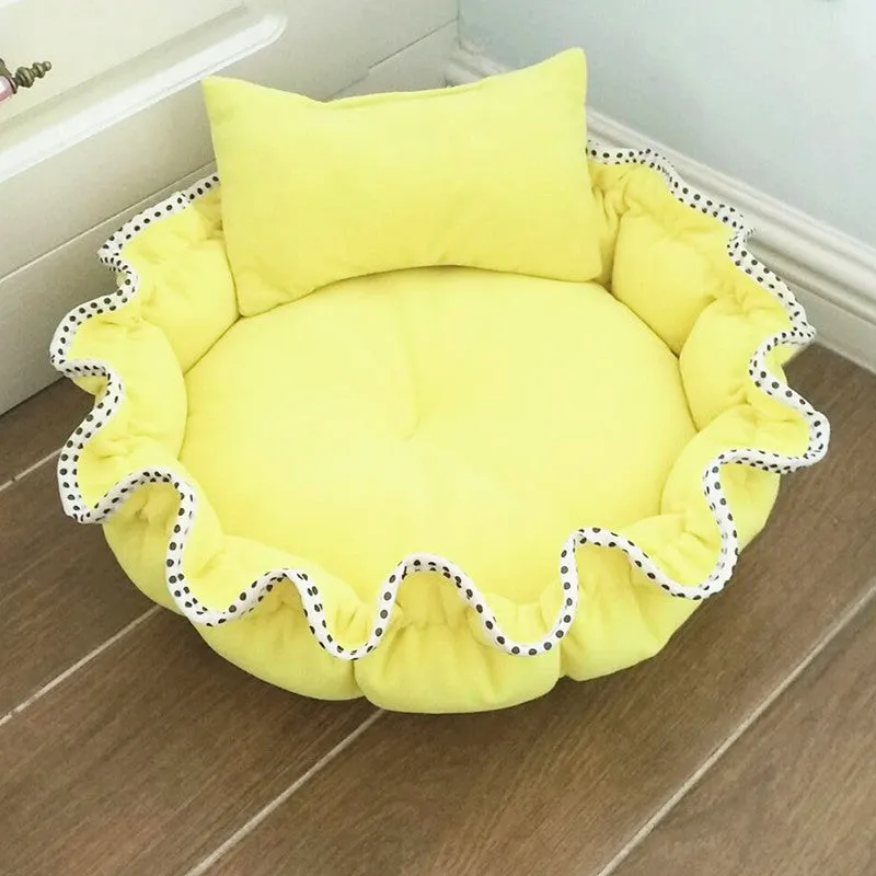 Yellow polar fleece bud-shaped small dog bed with pillow for pets under 10 kg