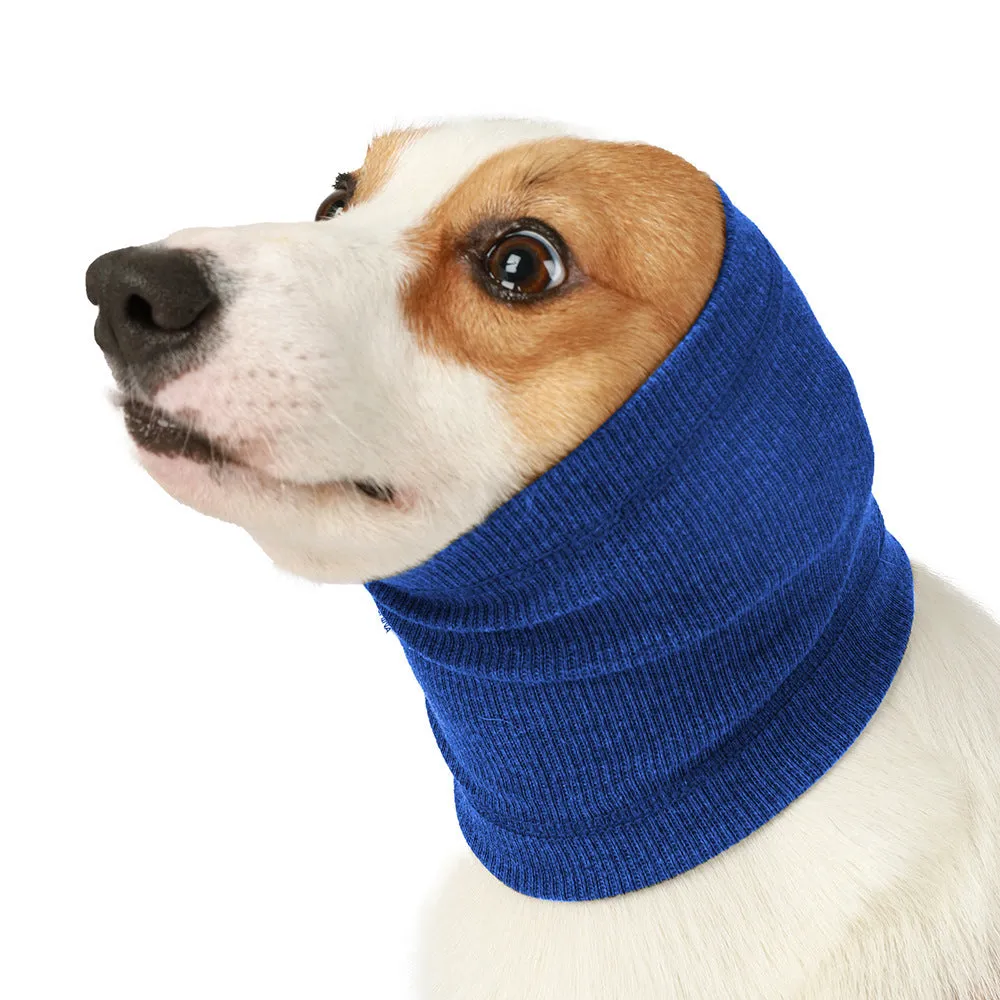 Blue polyester headband scarf for dogs shown in small, medium, and large size options