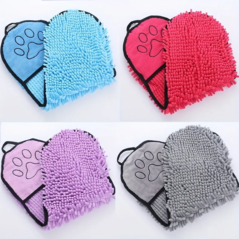 Absorbent microfiber dog towel with hand pockets in blue, purple, grey, rose, and brown, for medium large dogs
