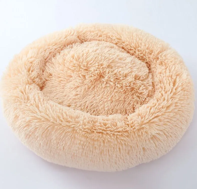 Long hair faux fur pet nest bed in pink, round shape, suitable for dogs and cats