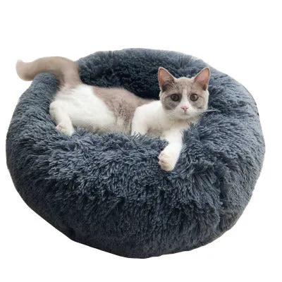 Long hair faux fur pet nest bed in pink, round shape, suitable for dogs and cats