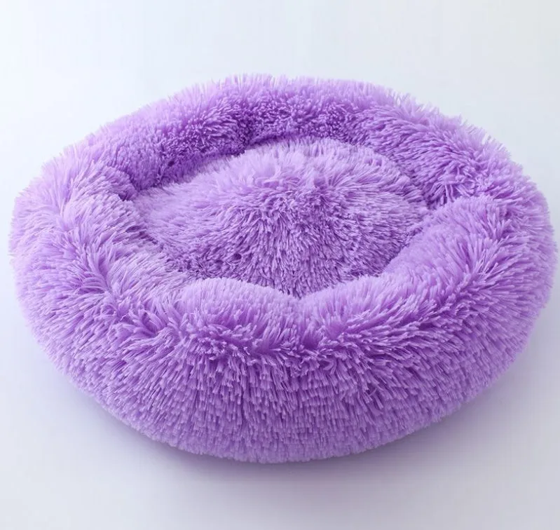 Long hair faux fur pet nest bed in pink, round shape, suitable for dogs and cats