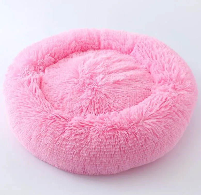Long hair faux fur pet nest bed in pink, round shape, suitable for dogs and cats