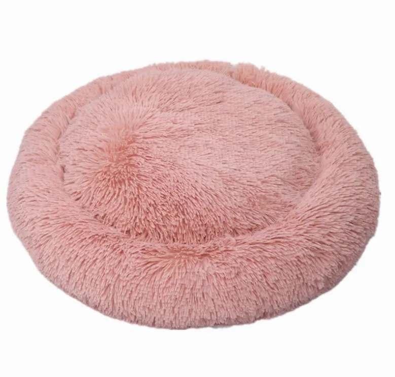 Long hair faux fur pet nest bed in pink, round shape, suitable for dogs and cats