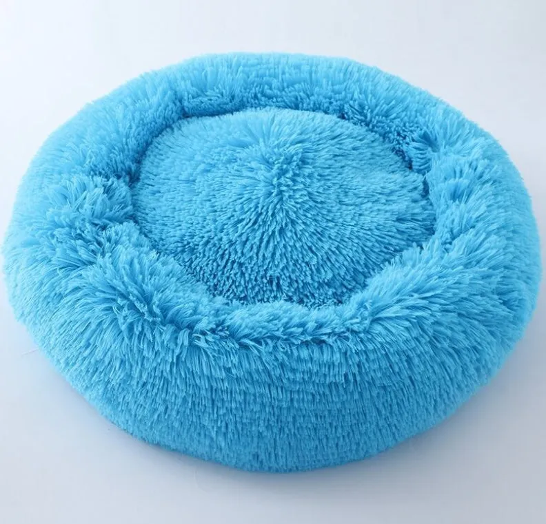 Long hair faux fur pet nest bed in pink, round shape, suitable for dogs and cats