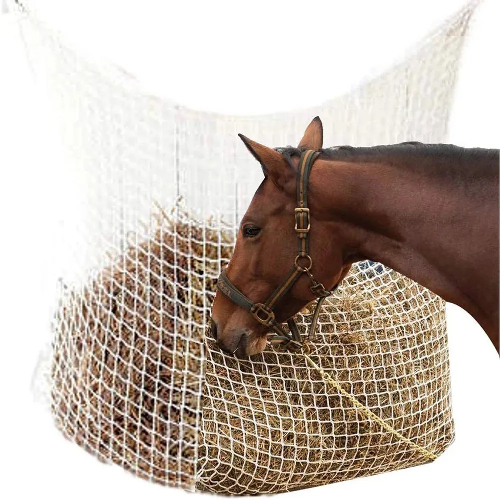 Black woven PE rope grid feeding bag hanging, sized for a horse.