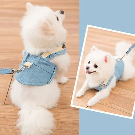 Pet dog harness and lead set in breathable polyester vest style for small to medium dogs, showing five sizes and seven colour options