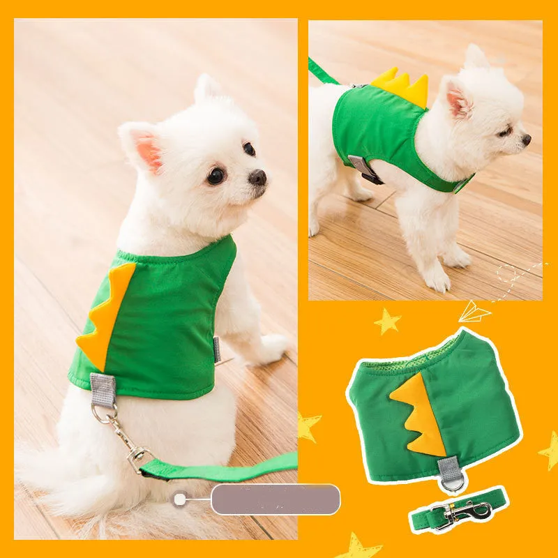 Pet dog harness and lead set in breathable polyester vest style for small to medium dogs, showing five sizes and seven colour options
