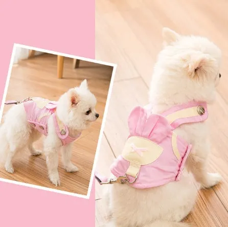 Pet dog harness and lead set in breathable polyester vest style for small to medium dogs, showing five sizes and seven colour options