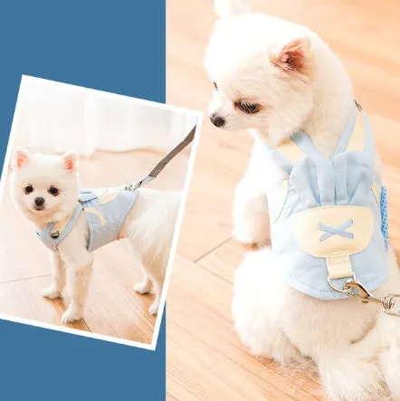 Pet dog harness and lead set in breathable polyester vest style for small to medium dogs, showing five sizes and seven colour options