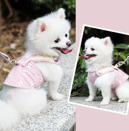 Pet dog harness and lead set in breathable polyester vest style for small to medium dogs, showing five sizes and seven colour options