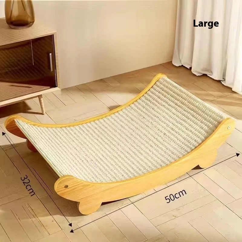 A pastoral-style cat scratch board with a woven sisal blanket scratching surface, shown in small and large size options.