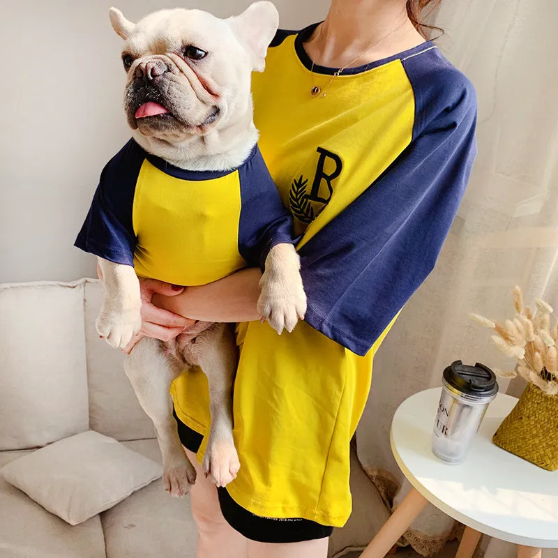 Dog wearing a short sleeve casual top in double yarn stretch Odell fabric, colour Blue