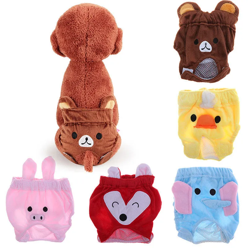 Reusable dog diaper belly band with cotton flannel and mesh, cartoon bear print, available in blue, for small dogs