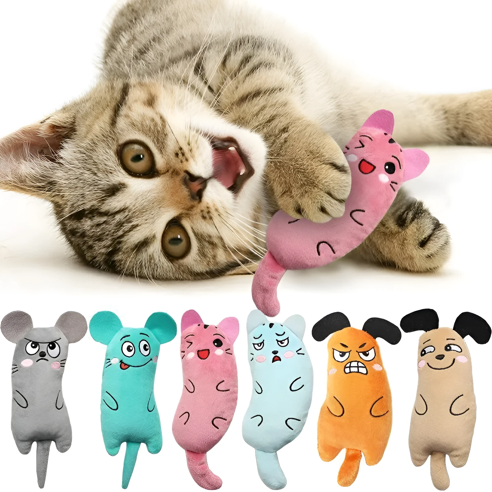 Plush embroidered mint cat chew toy in six colours orange pink gray light blue green khaki size 5.5x16cm