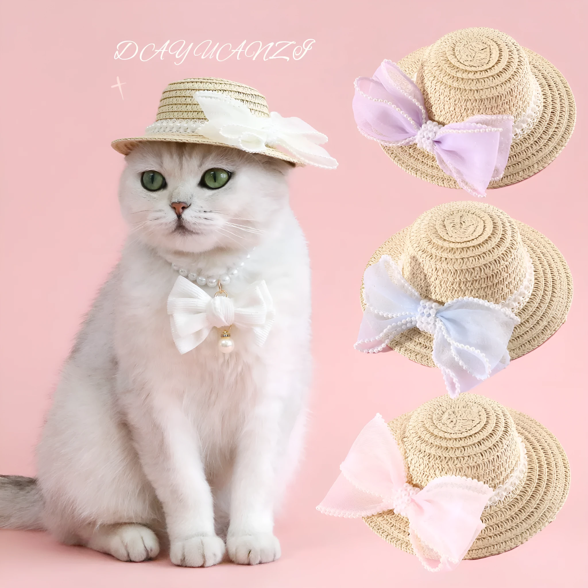 Woven straw cat hat with a pearl bow, shown in blue, pink, purple, and white colour options