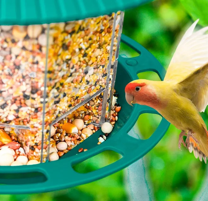 Green PP hanging transparent bird feeder with automatic feeding for outdoor garden use
