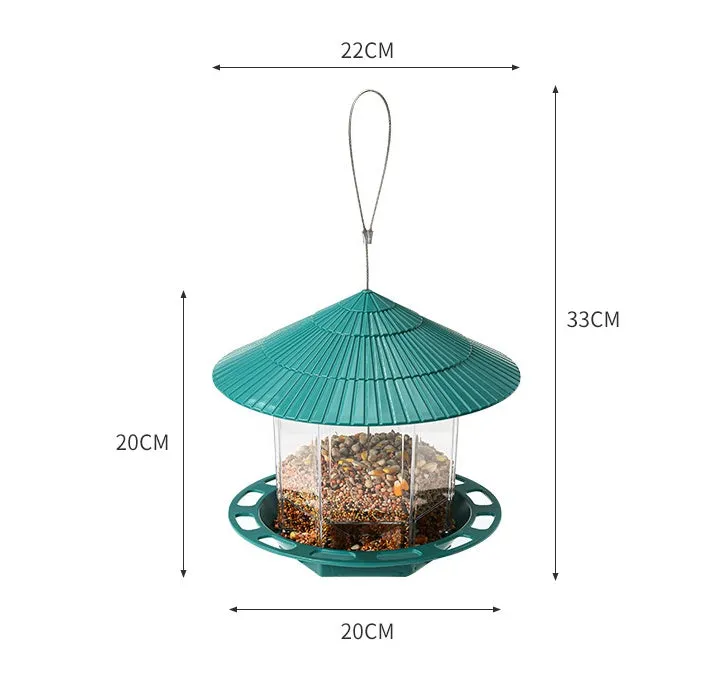 Green PP hanging transparent bird feeder with automatic feeding for outdoor garden use
