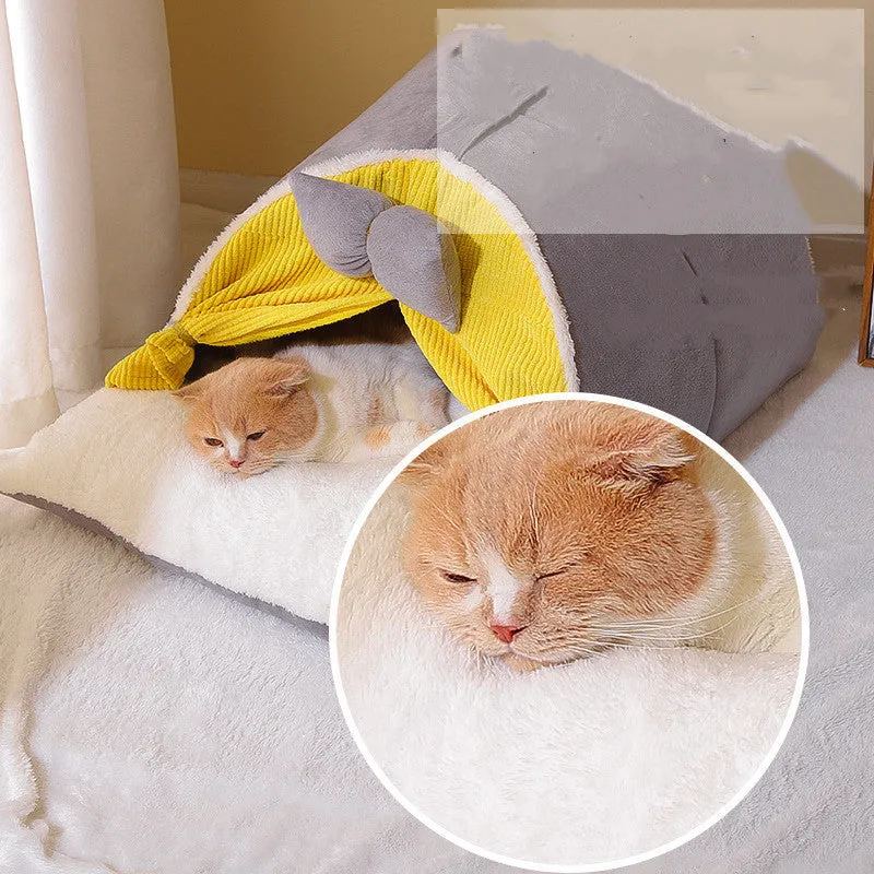 Semi-enclosed cat nest in creamy yellow cloth with grey mat, suitable for all-season indoor use