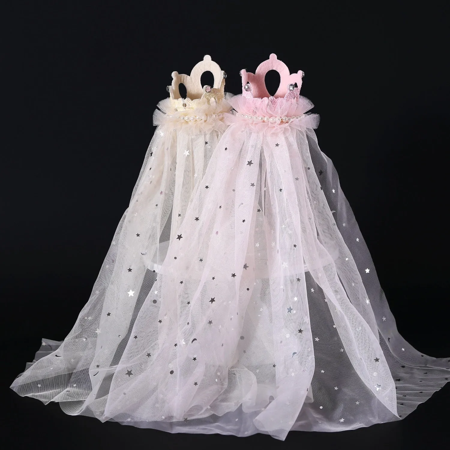 Pet cat wearing princess crown headdress with veil for wedding or birthday costume